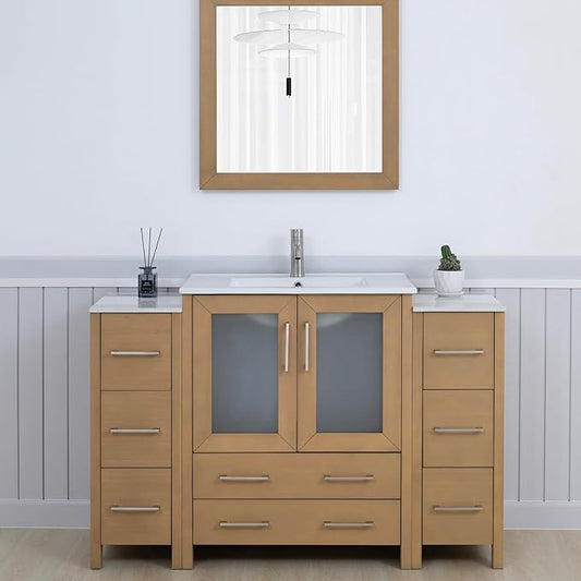 Vanity Art 54 Inch Under Mount Single Sink Bathroom Vanity Cabinet with 1 Mirror, Ceramic Top Bathroom Cabinet Compact Set with 8 Dovetail Storage Drawers and Brushed Nickel Handles, VA3030-54-NO