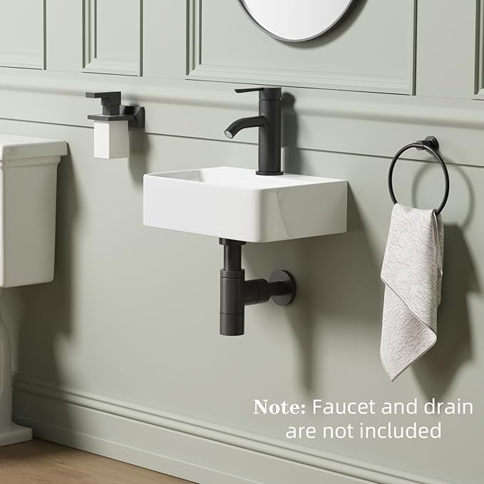 Wall Hung Bathroom Vessel Sink, QISHKA 14.5" X 10" Rectangular Floating Ceramic Wash Hand Basin White Wall Mount Vanity Sink for Small Bathroom and Small Cloakroom