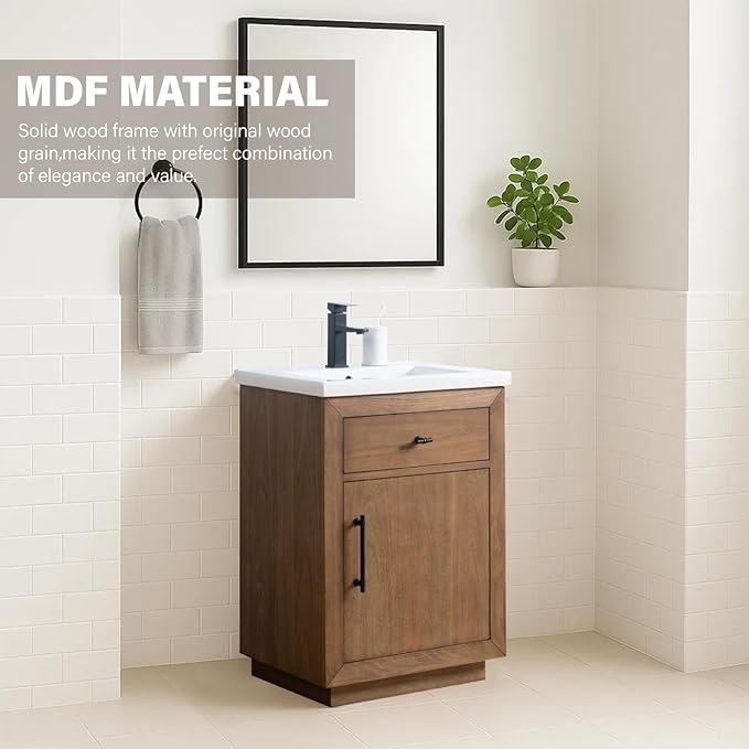HOMEBEYOND 24" Bathroom Vanity with Single Sink & Ceramic Top, MDF Material Vanity Cabinet with Basin Combo, Soft-Closing Doors, Removable Shelf, Backsplash,Tan