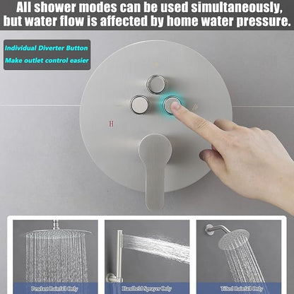 Shower Faucet Set Brushed Nickel 12 Inch Round Ceiling Mount Rainfall Shower System with 2 Rain Shower Head and Handheld Head Push Button Diverter Shower Trim Kit and Rough-in Valve Body