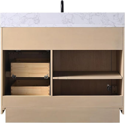 Vanity Art 42" Bathroom Vanity with Sink, Vanity Cabinet with Doors and Shelf, Modern Wood Bathroom Vanity with White Marble Top, Solid Wood Frame, 2 Right Functioning Shaker Drawer,VA70-42-LW-E
