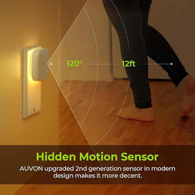AUVON Plug-in LED Backlit Night Light 4 Packs, Motion & Dusk to Dawn Sensor | 2200K Soft Warm White Nightlight with 1-50lm Dimmable Brightness for Bedroom, Bathroom, Hallway, Kitchen, Garage, Nursery
