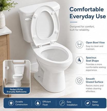 Space Saving 15 Inch Round Front Two Piece Toilet, Compact Side Flush White Ceramic Commode for Small Bathroom, 1.28 GPF Siphonic Flush, Soft Close Seat, cUPC, 12 Inch Rough-In
