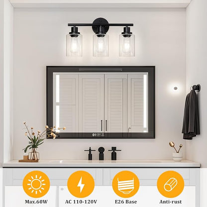 Unicozin Modern Bathroom Light Fixtures, 3 Light Vanity Lights with E26 Bulbs, Black Wall Lamp with Clear Glass for Mirror Living Room Hallway Cabinet Porch