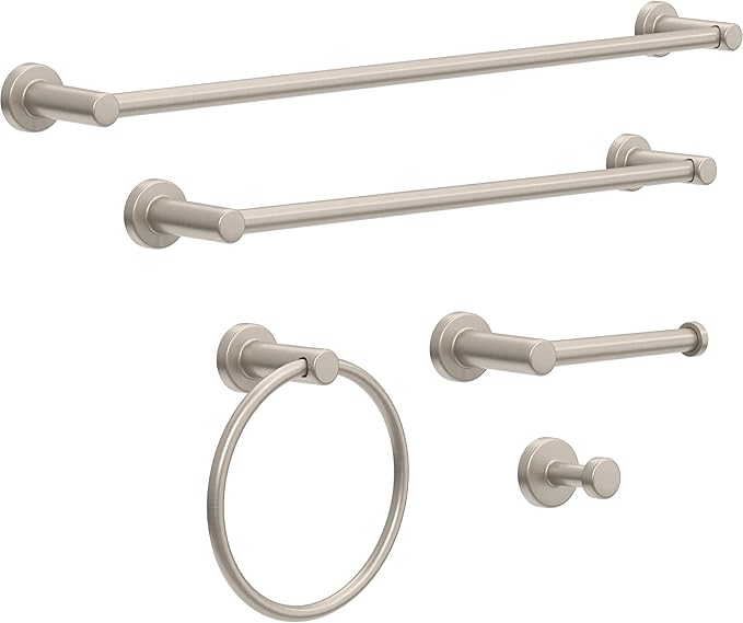 Franklin Brass Wake 5-Piece Bathroom Set SpotShield Brushed Nickel 18" & 24" Towel Bar Racks, Toilet Paper Holder, Ring, Hook | Accessories | Hardware | Fixtures WAK65-BN