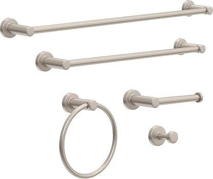 Franklin Brass Wake 5-Piece Bathroom Set SpotShield Brushed Nickel 18" & 24" Towel Bar Racks, Toilet Paper Holder, Ring, Hook | Accessories | Hardware | Fixtures WAK65-BN
