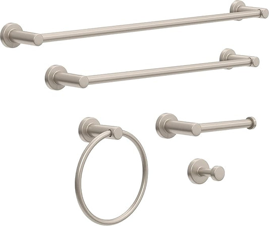 Franklin Brass Wake 5-Piece Bathroom Set SpotShield Brushed Nickel 18" & 24" Towel Bar Racks, Toilet Paper Holder, Ring, Hook | Accessories | Hardware | Fixtures WAK65-BN