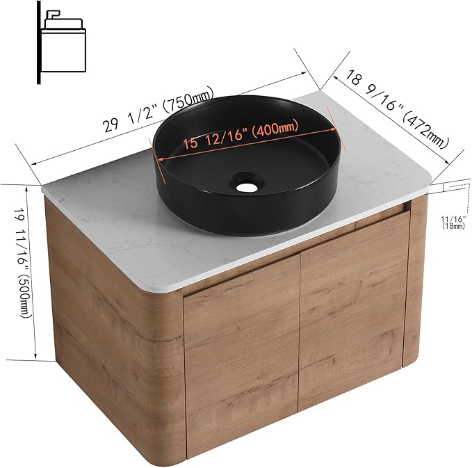 LKTART 30 Inch Floating Bathroom Vanity with Sink, Modern Wall Mounted Bathroom with Soft Close Door, Black Round Ceramic Basin and Sintered Stone Top