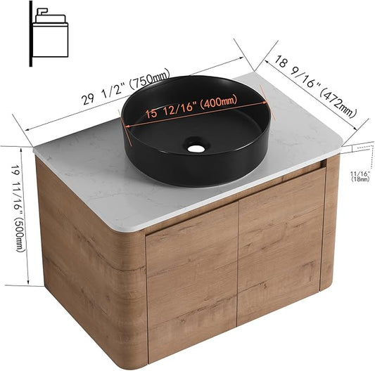 LKTART 30 Inch Floating Bathroom Vanity with Sink, Modern Wall Mounted Bathroom with Soft Close Door, Black Round Ceramic Basin and Sintered Stone Top