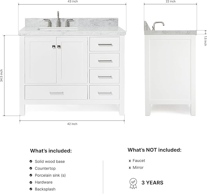 ARIEL Cambridge 42-inch Bathroom Vanity with Sink,Solid Wood, 1.5-inch Italian Carrara Marble Countertop, Single Rectangular Porcelain Sink, 2 Soft Closing Doors, 5 Dovetail Drawers, White