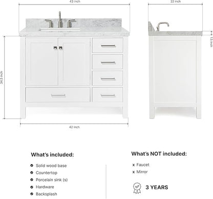 ARIEL Cambridge 42-inch Bathroom Vanity with Sink,Solid Wood, 1.5-inch Italian Carrara Marble Countertop, Single Rectangular Porcelain Sink, 2 Soft Closing Doors, 5 Dovetail Drawers, White