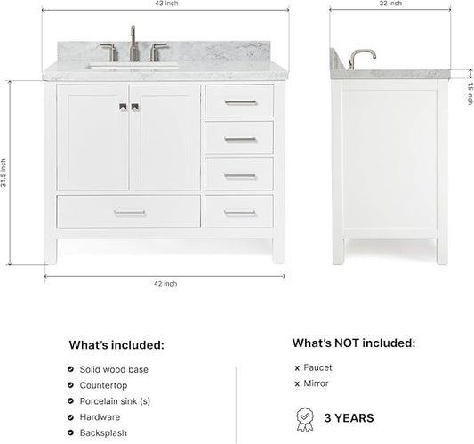ARIEL Cambridge 42-inch Bathroom Vanity with Sink,Solid Wood, 1.5-inch Italian Carrara Marble Countertop, Single Rectangular Porcelain Sink, 2 Soft Closing Doors, 5 Dovetail Drawers, White