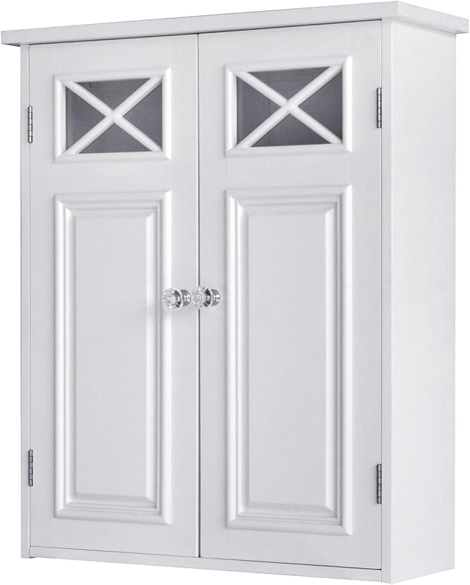 Teamson Home Dawson Wooden Over The Toilet Bathroom Removable Wall Medicine Cabinet with 1 Adjustable Shelf 2 Storage Spaces 2 Cross Molding Doors and Crystal-Cut Knobs, White | 2 Doors, Floor Mount, Open Shelf, Crystal-Cut Knobs