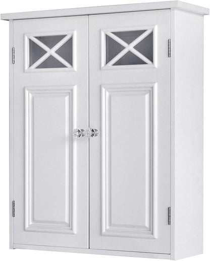 Teamson Home Dawson Wooden Over The Toilet Bathroom Removable Wall Medicine Cabinet with 1 Adjustable Shelf 2 Storage Spaces 2 Cross Molding Doors and Crystal-Cut Knobs, White | 2 Doors, Floor Mount, Open Shelf, Crystal-Cut Knobs