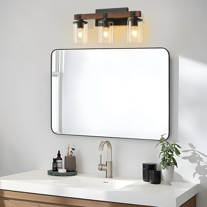 Bathroom Light Fixtures Over Mirror Black Farmhouse Vanity Lights 3 Light | Rustic Vintage Wood Bathroom Wall Light Fixtures with Clear Glass Shade for Restroom Bedroom Hallway