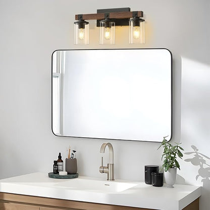 Bathroom Light Fixtures Over Mirror Black Farmhouse Vanity Lights 3 Light | Rustic Vintage Wood Bathroom Wall Light Fixtures with Clear Glass Shade for Restroom Bedroom Hallway