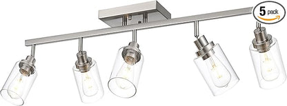 MELUCEE 5 Light Bathroom Light Fixtures Multi-Directional Rotating Track Lighting Kit Brushed Nickel, Ceiling Spotlight Fixture for Kitchen Foyer Bath, Clear Glass Shade