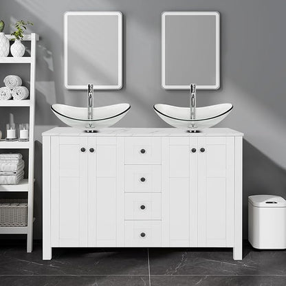 48 Inch White Bathroom Vanity with Marble Texture Top and 4 Drawers, Modern Standing Pedestal Cabinet with Two Boat Clear Glass Vessel Sinks