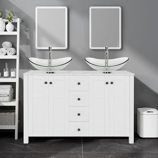 48 Inch White Bathroom Vanity with Marble Texture Top and 4 Drawers, Modern Standing Pedestal Cabinet with Two Boat Clear Glass Vessel Sinks