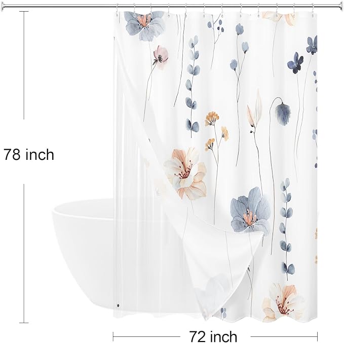 Long 3 in 1 Shower Curtain Set, 72x78 | Long 3 in 1 Shower Curtain Set, PEVA Liner Set & 12 Double Sided Steel Hooks, Waterproof Fabric Bathroom Curtain