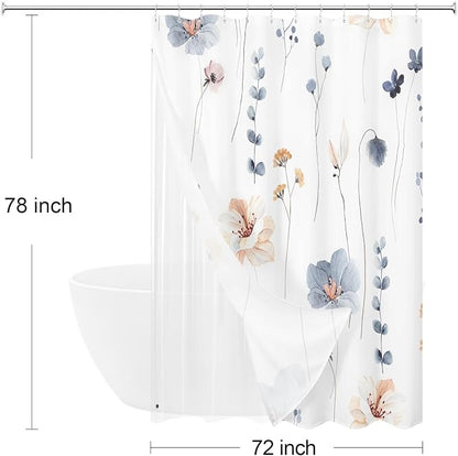 Long 3 in 1 Shower Curtain Set, 72x78 | Long 3 in 1 Shower Curtain Set, PEVA Liner Set & 12 Double Sided Steel Hooks, Waterproof Fabric Bathroom Curtain