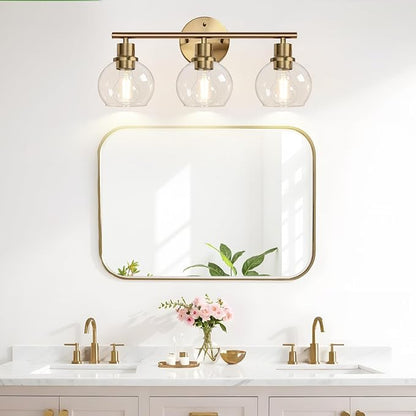 3-Light Bathroom Light Fixtures, Brushed Brass Bathroom Lights Over Mirror with Clear Glass Globe Shade, Vanity Lights for Bathroom Kitchen Living Room Hallway Cabinet Bedroom Porch