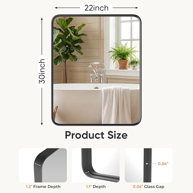 Sweetcrispy Bathroom Wall Mirror, 30x22 Inch Mirror for Over Sink, Black | Modern Wall Mount Vanity Mirror, Rounded Rectangle with Matte Brush Metal Framed, for Home Decor, Living Room, Bedroom
