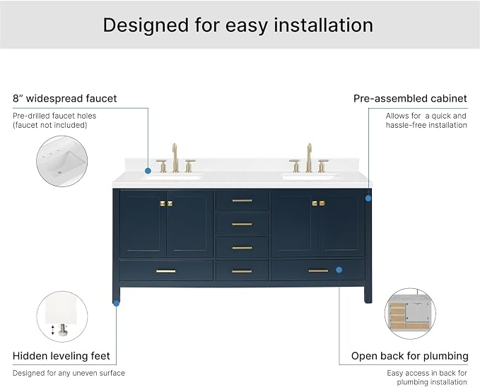 ARIEL Cambridge 72-inch Bathroom Vanity with Sink,Solid Wood, 1.5-inch Carrara White Quartz Countertop, Double Rectangular Porcelain Sink, 4 Soft Closing Doors, 6 Dovetail Drawers, Midnight Blue
