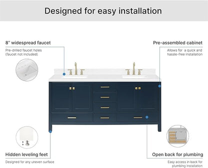 ARIEL Cambridge 72-inch Bathroom Vanity with Sink,Solid Wood, 1.5-inch Carrara White Quartz Countertop, Double Rectangular Porcelain Sink, 4 Soft Closing Doors, 6 Dovetail Drawers, Midnight Blue