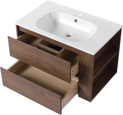 Henf 30 Inch Wall Mount Bathroom Vanity W/Sink Combo, Modern Design Vanity Cabinet with Gel Basin, Floating Mounting Bathroom Cabinet Set with 2 Drawer and Adjustable Storage Shelf,Brown