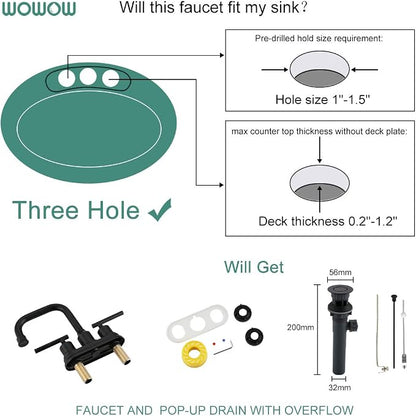 WOWOW Bathroom Faucet Black 4 inch Bathroom Sink Faucet Centerset Lift Rod Drain Stopper 2 Handle Lavatory Vanity Tap High Arc Modern