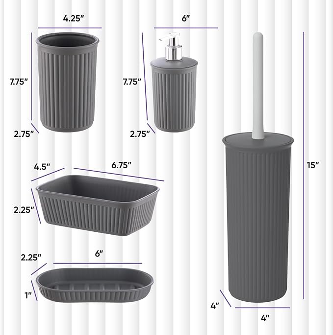 Superio Ribbed Plastic Bathroom Accessories Set, Soap Dish, Dispenser, Holder, Tray (Grey, Bathroom Accessories (Set of 5))