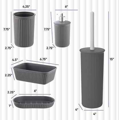 Superio Ribbed Plastic Bathroom Accessories Set, Soap Dish, Dispenser, Holder, Tray (Grey, Bathroom Accessories (Set of 5))