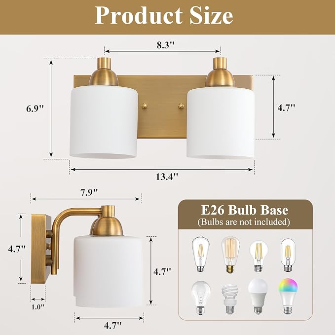 Mecgirn Stainless Steel Milk Glass Vanity Lights for Bathroom, 2 Light Brass Bathroom Light Fixtures Over Mirror, Ceramic E26 Sockets Wall Mounted