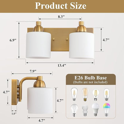 Mecgirn Stainless Steel Milk Glass Vanity Lights for Bathroom, 2 Light Brass Bathroom Light Fixtures Over Mirror, Ceramic E26 Sockets Wall Mounted