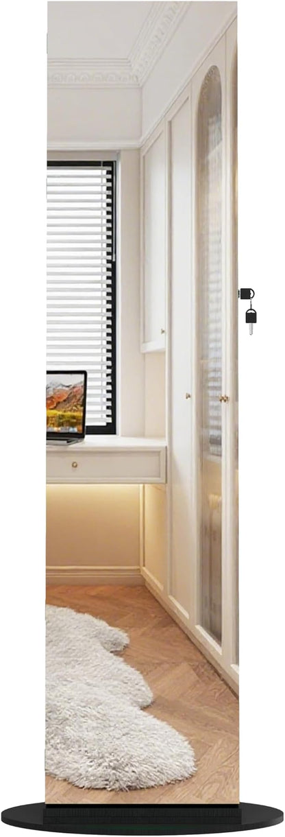 Jewelry Armoire with Full Length Mirror - 360° Swivel Standing Floor Mirror Jewelry Cabinet, Lockable Storage Organizer, 3 Shelves & Drawers,Tall Mirror with Storage for Women (Black)