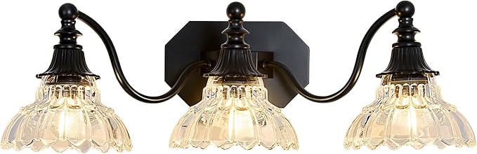 hesoge Farmhouse Bathroom Light Fixture Vintage Vanity Light with Crystal Glass Shade Black 3 Light Wall Mount Lamp Over Mirror