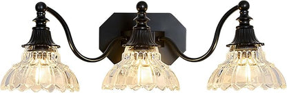 hesoge Farmhouse Bathroom Light Fixture Vintage Vanity Light with Crystal Glass Shade Black 3 Light Wall Mount Lamp Over Mirror