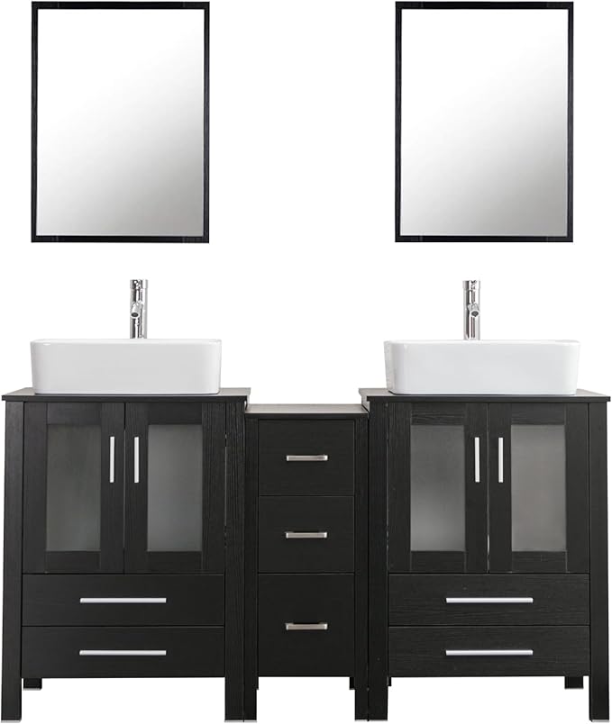 UEV 60" Black Bathroom Vanity Set,Double Vanity with Double Vessel Sink Combo and Removable Side Cabinet,Mirror Not Included (T03)