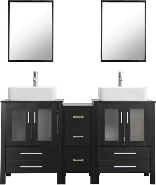 UEV 60" Black Bathroom Vanity Set,Double Vanity with Double Vessel Sink Combo and Removable Side Cabinet,Mirror Not Included (T03)
