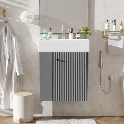 22" Small Bathroom Vanity with Sink, Floating Vanity for Bathrooms with Soft-Close Door and Open Shelf, Wall Mounted Narrow Bathroom Vanities for Compact Bathrooms (Gray,22" Floating Left Shelf)