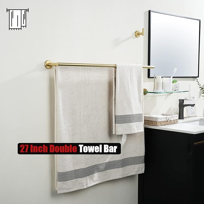 JQK Double Bath Towel Bar, Brushed Gold 30 Inch 304 Stainless Steel Thicken 0.8mm Towel Rack for Bathroom, Towel Holder Wall Mount, 27 Inch Useable Length, TB100L27-BG
