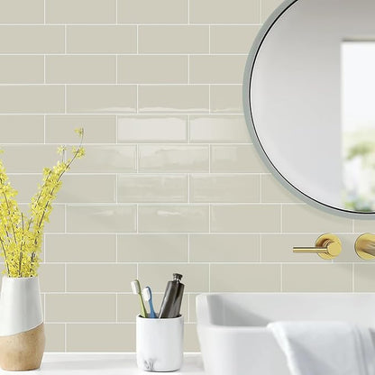STICKGOO 10-Sheet Subway Peel and Stick Backsplash Tiles Putty Beige | Waterproof 3D PVC wall tiles with strong adhesive, extra thick for kitchen backsplash and bathroom walls