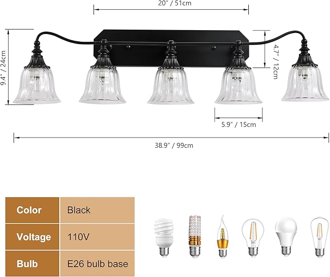 Bathroom Vanity Black Vintage Light Fixture, 5 Lights Bathroom Lighting Matte Antique Brass Finish with Crystal Glass Shade, Black Vintage Vanity Light