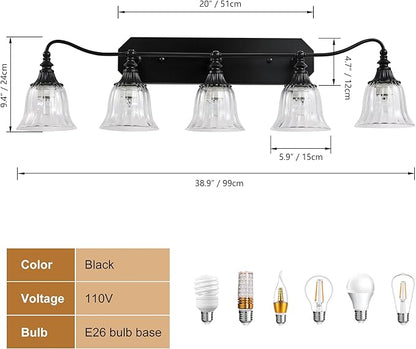 Bathroom Vanity Black Vintage Light Fixture, 5 Lights Bathroom Lighting Matte Antique Brass Finish with Crystal Glass Shade, Black Vintage Vanity Light