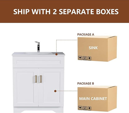 Bathroom 30" Vanity with Ceramic Sink, Wooden Double Door Bathroom Storage Cabinet, Freestanding Cabinet Vanity with Sink (Paint, White,30")