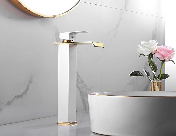 Bathroom Vessel Sink Faucet White Gold Waterfall Single Handle One Hole Bowl Sink Faucet Vanity Lavatory Faucets Tall Bath Deck Mount Basin Tap Supply Lines Hose Commercial