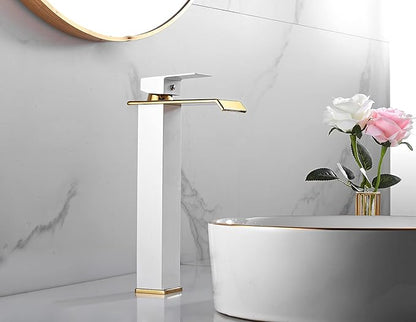Bathroom Vessel Sink Faucet White Gold Waterfall Single Handle One Hole Bowl Sink Faucet Vanity Lavatory Faucets Tall Bath Deck Mount Basin Tap Supply Lines Hose Commercial