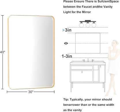 Brushed Gold Bathroom Mirror for Over Sink, 30" x 40" Framed Rectargular Wall-Mounted Bathroom Mirrors for Vanity, Decorative, Farmhouse, Restroom, Horizontally or Vertically Hanging