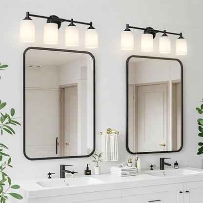 4-Light Bathroom Light Fixtures,Matte Black Bathroom Vanity Light Over Mirror with Cream White Glass Shade,Modern Farmhouse Wall Sconces Lighting for Bedroom Cabinet Kitchen Living Room